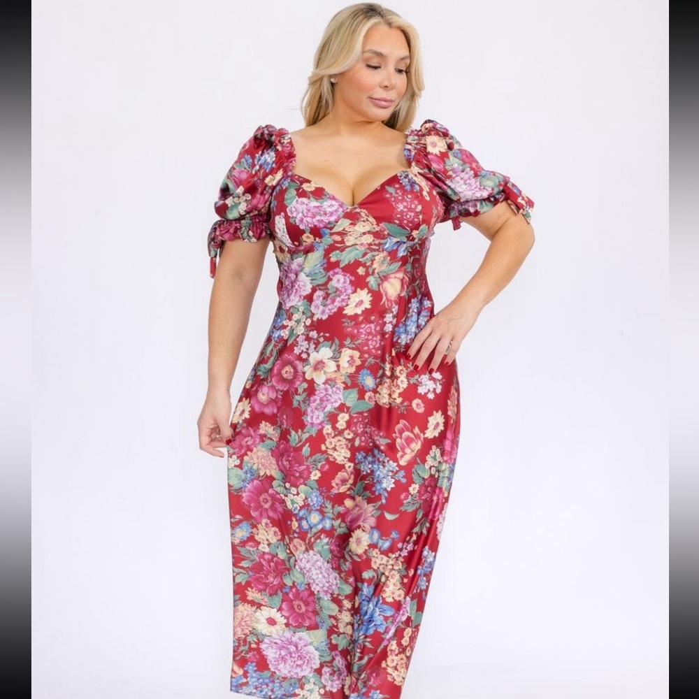 NWT Plus Size‎ Wine Floral Puff Sleeve Baby Doll Maxi Dress XL Feminine Romantic